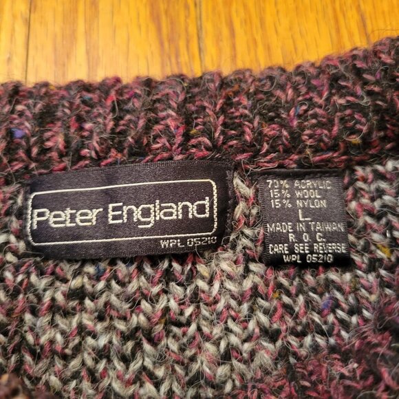 Peter England Gray Maroon Plaid Sweater Wool Blend‎ L Crew Neck Grandpacore - Picture 2 of 4